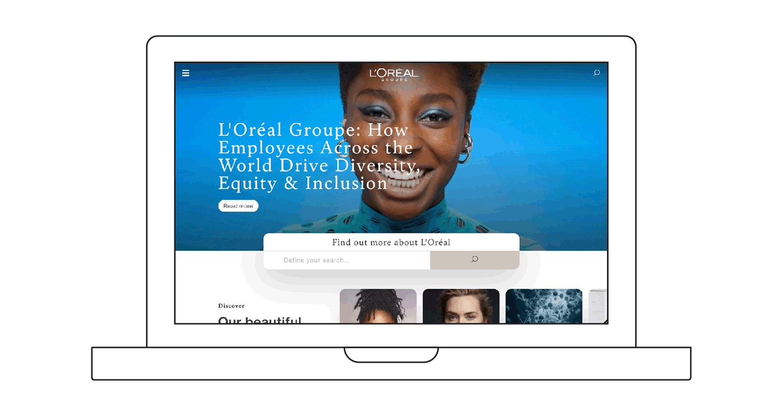An animated gif shows the homepage of the L'Oréal website. The image rotates between the standard view and high-contrast mode, which shows the site is a strong white-on-black-contrast and with no images behind the text.
