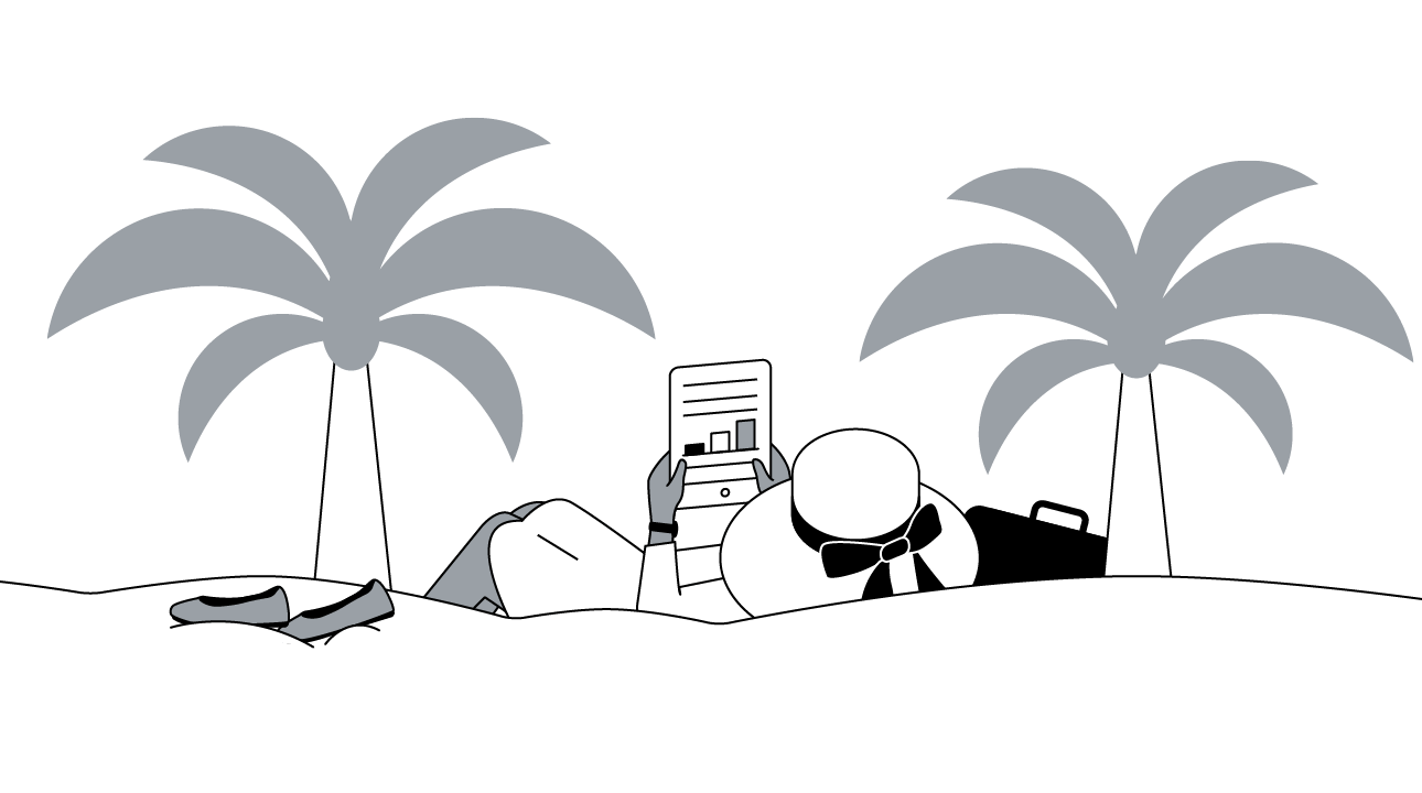 An illustrated image shows a woman laying down on a tropical beach with the sun rising in the background and palm trees framing the image. She’s reading an article with a data graph on her tablet and her briefcase is propped up in the sand to her right ha